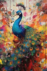 Obraz premium peacock form and spirit through an abstract lens. dynamic and expressive peacock print by using bold brushstrokes, splatters, and drips of paint. peacock raw power and untamed energy