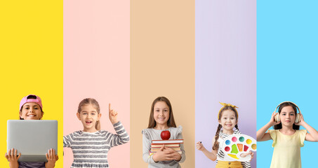 Set of many little schoolgirls on color background