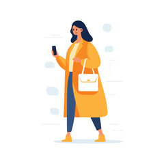Hand Drawn woman walking with smartphone in flat style
