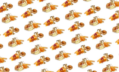 Many symbols of Rosh Hashanah (Jewish New Year) on white background. Pattern for design