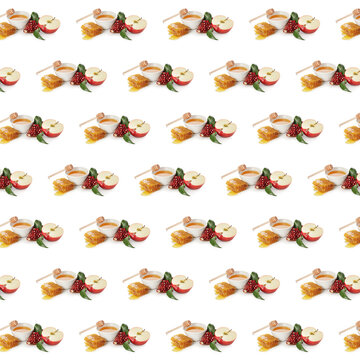 Many symbols of Rosh Hashanah (Jewish New Year) on white background. Pattern for design
