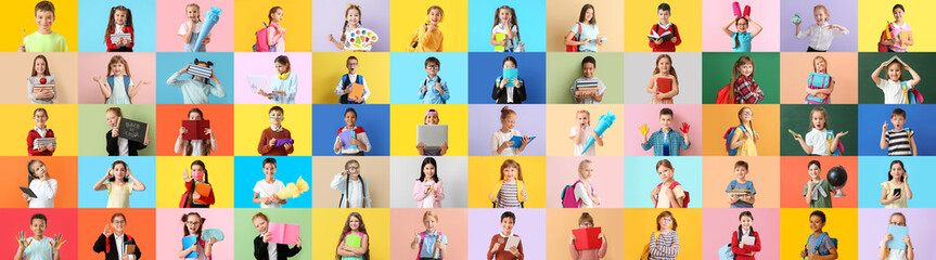 Collage with many little schoolchildren on color background - obrazy, fototapety, plakaty