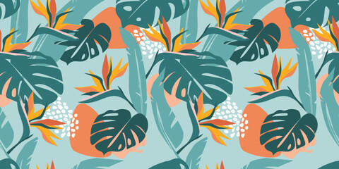 Modern colorful tropical floral pattern. Cute botanical abstract contemporary seamless pattern.