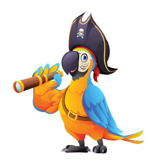 Cute pirate parrot with spyglass cartoon illustration isolated on white background - obrazy, fototapety, plakaty