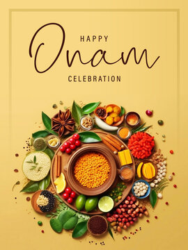Happy Onam Poster Design with Indian Spices. AI Generative Image