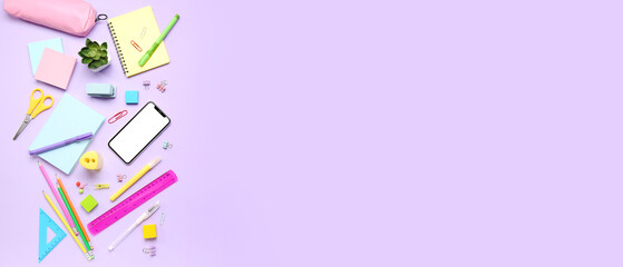 Different stationery with mobile phone on lilac background. Banner for design