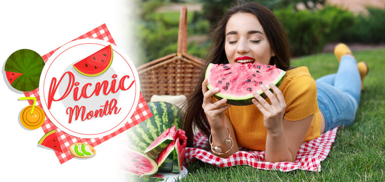Banner for National Picnic Month with young woman eating watermelon