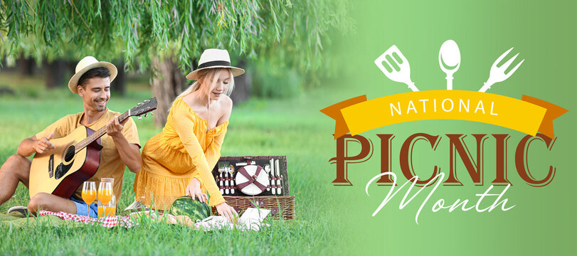 Banner for National Picnic Month with happy young couple in park - Powered by Adobe