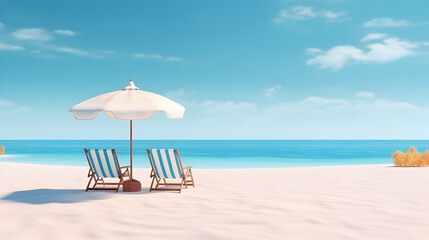 Obraz premium Beautiful beach banner. White sand, chairs and umbrella travel tourism wide panorama background concept. Amazing beach landscape Generative AI