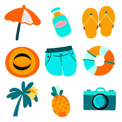 Beach Summer Flat Icons Set. Hand Drawn Vector Illustration