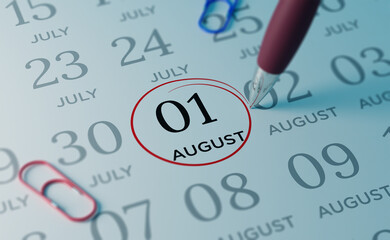 August 1st Calendar date. close up a red circle is drawn on August 1st to remember important events
