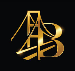 A vector illustration of Golden Bridge Monogram Logo Letter B in black background with gold shine effect