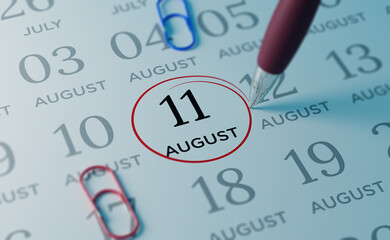August 11st Calendar date. close up a red circle is drawn on August 11st to remember important events