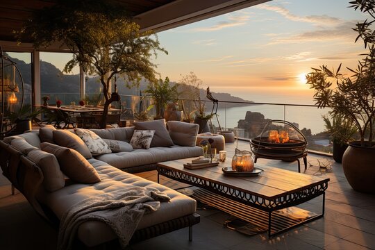 rooftop terrace furnished in a modern and elegant style created using generative AI tools