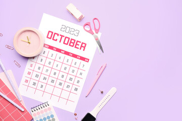 Composition with calendar, smartwatch, alarm clock and stationary on lilac background