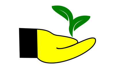 vector graphic illustrati of leaf on the hand. leaf sign above hand. vector combinated of hand, leaf icon, yellow, black, and green. plant above hand