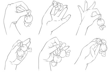 チョコレートやキャンディーをつまむ手、お菓子を持つ手、線画セット