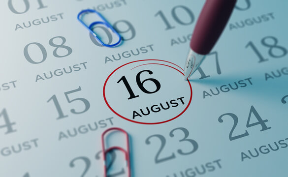 August 16th Calendar date. close up a red circle is drawn on August 16th to remember important events