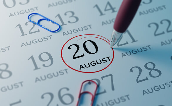 August 20th Calendar date. close up a red circle is drawn on August 20th to remember important events
