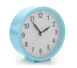 Blue alarm clock on white background