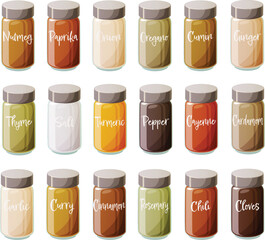 Cute vector illustration of various kinds of herbs and spices in glass jars with a metal lid.