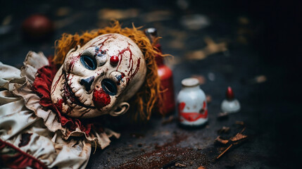 Fototapeta na wymiar Terrifying clown doll with blood on the floor, a terrifying scene to welcome halloween.