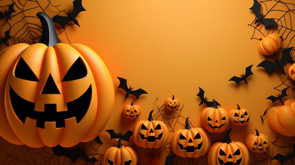 Background with pumpkins, bats and spider webs on orange background, paper cutout style.
