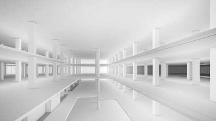 big, white, glistening building hall ,Area for structural work ,large mall structure ,3d rendering
