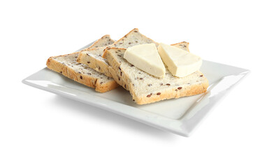 Plate of tasty toasts with triangles of processed cheese on white background