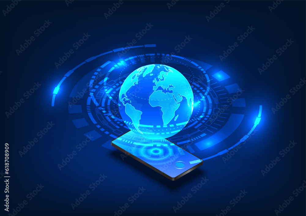 Poster smart phone project the world within a circle of technology. it symbolizes the seamless connection b