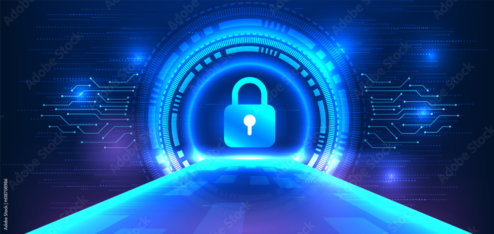 Poster lock within a technology circle and side circuit. a bridge forefronts the entry to the information s