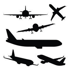 Flat airplane vector . Aircraft flight travel vector , aviation wings and landing airplanes vector , plane front flights in air. Flying planes cargo service isolated vector illustration icons set
