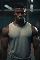 A handsome bodybuilder in a tank top stands with power and strength, exuding confidence and health as he poses in the gym, showcasing his muscular physique