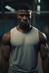 Fototapeta premium A handsome bodybuilder in a tank top stands with power and strength, exuding confidence and health as he poses in the gym, showcasing his muscular physique