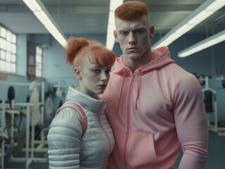 A handsome love couple stands strong in the gym, proudly displaying their hard-earned fitness and muscle power in their stylish workout clothing