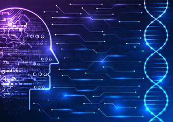 Medical technology and artificial intelligence in a captivating image. Witness the DNA structure connected to an AI brain through a circuit board, with a mesmerizing numerical code backdrop