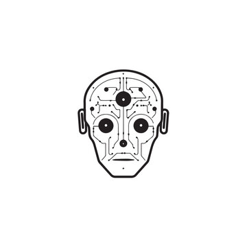 A black and white drawing of a robot head
