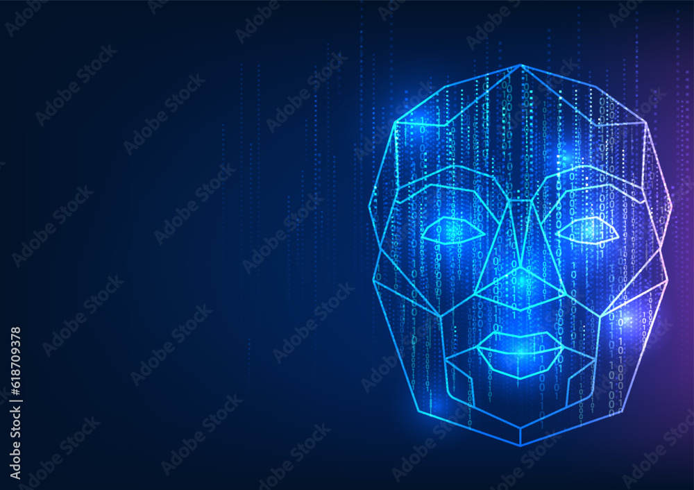 Poster technology concept background featuring the face of an artificial intelligence robot.the robot's pag