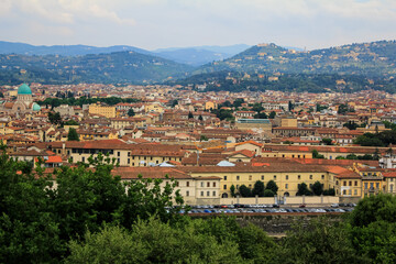 Fototapeta premium Florence cityscape and skyline panorama during summer time. Panoramic view of Florence from Michelangelo Square, Tuscany. The wonderful artistic and historical Florence city in Italy. Travel scene.