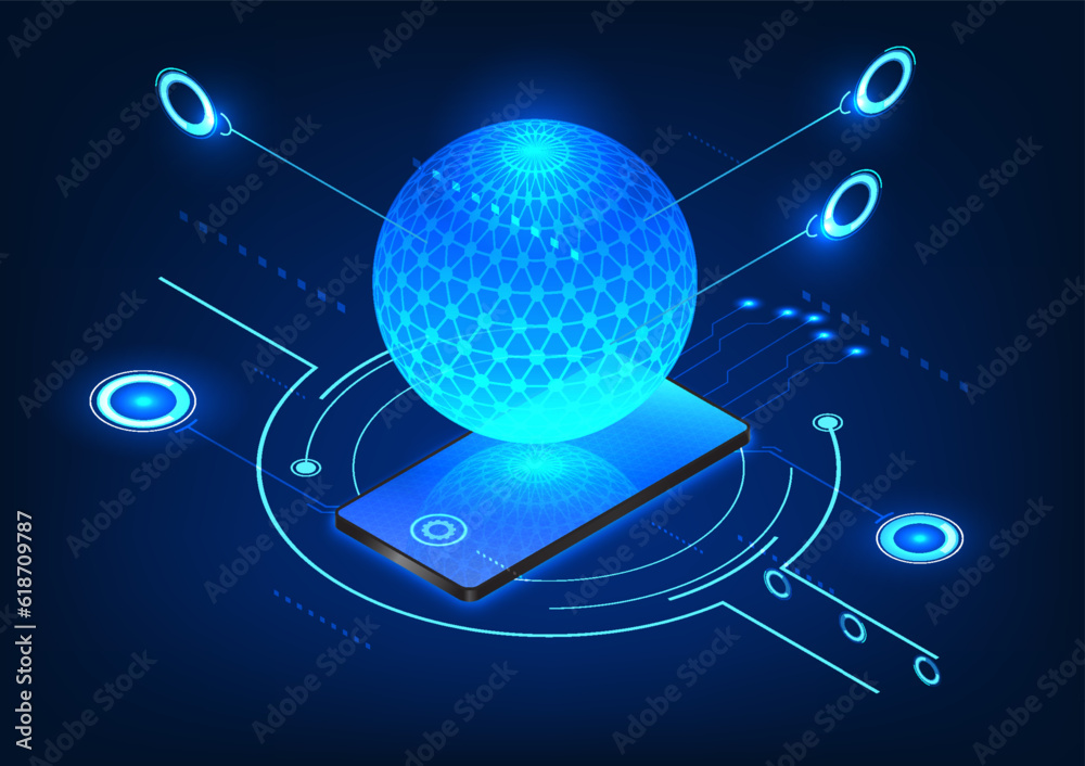 Poster mesmerizing technology picture featuring a mobile phone at its core. above the screen, a processor-l