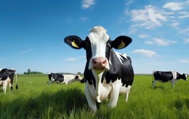 Portrait of cow on green grass with blue sky