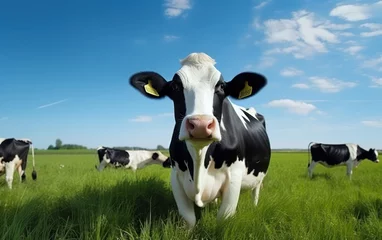 Poster Portrait of cow on green grass with blue sky © Muh