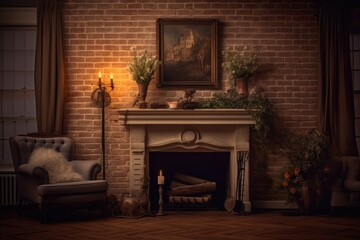 Spacious room and brick fireplace. Generative AI