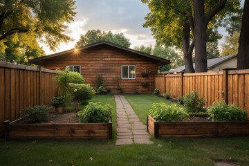 Wooden fence with green lawn. Generative AI