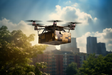 Futuristic Drone Delivery Revolutionizing Business Air Transportation with Unmanned Aircraft Robots, package flying through the air off a drone  Generative AI
