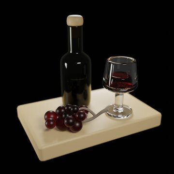 a bottle of wine and a glass of wine 3d rendering 3d illustrator