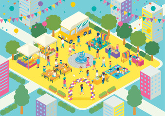 アイソメトリック　フリーマーケット　A3ヨコ　水色