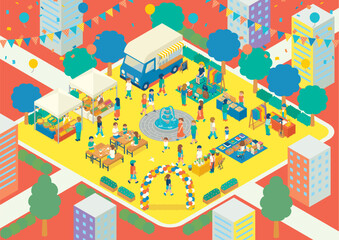 アイソメトリック　フリーマーケット　A3ヨコ　夏　赤