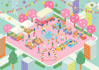 アイソメトリック　フリーマーケット　A3ヨコ　春　水色