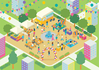 アイソメトリック　フリーマーケット　A3ヨコ　緑